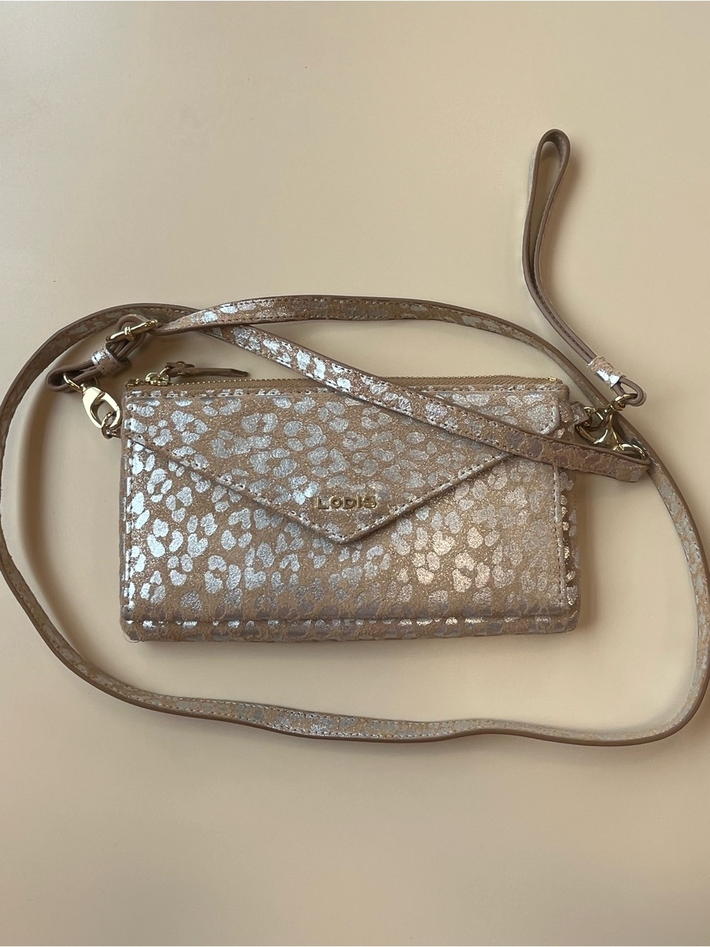 Lodis Metallic Leopard Crossbody Wallet - Rose Gold
